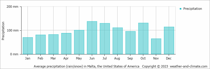 Average monthly rainfall, snow, precipitation in Malta, the United States of America