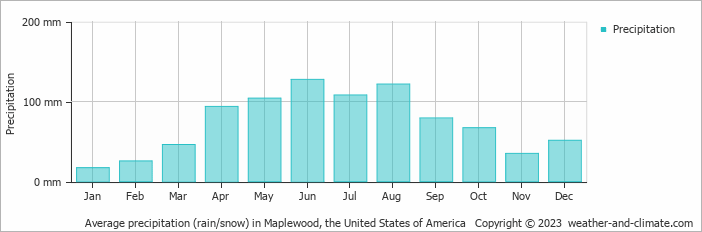 Average monthly rainfall, snow, precipitation in Maplewood, the United States of America