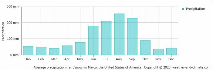 Average monthly rainfall, snow, precipitation in Marco, the United States of America