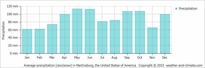 Average monthly rainfall, snow, precipitation in Martinsburg, the United States of America