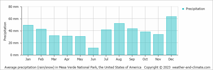 Average monthly rainfall, snow, precipitation in Mesa Verde National Park, the United States of America