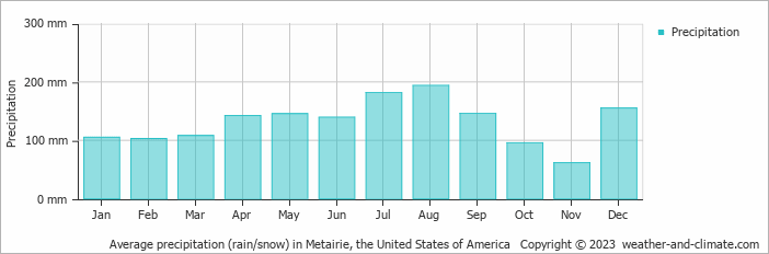 Average monthly rainfall, snow, precipitation in Metairie, the United States of America