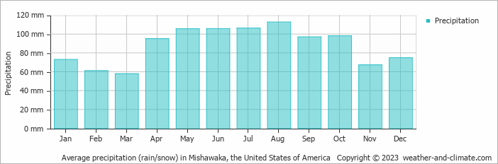 Average monthly rainfall, snow, precipitation in Mishawaka, the United States of America