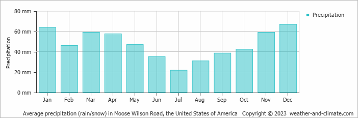 Average monthly rainfall, snow, precipitation in Moose Wilson Road, the United States of America