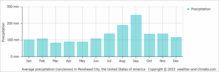 Average monthly rainfall, snow, precipitation in Morehead City, the United States of America