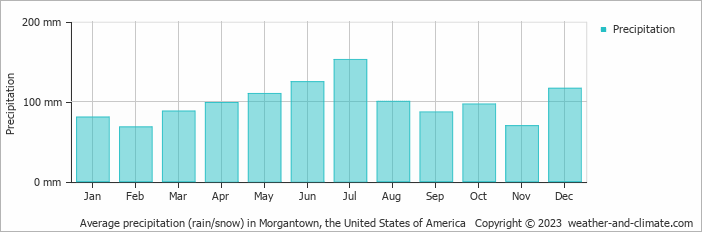 Average precipitation (rain/snow) in Morgantown, the United States of America   Copyright © 2023  weather-and-climate.com  