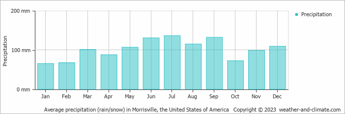 Average monthly rainfall, snow, precipitation in Morrisville, the United States of America