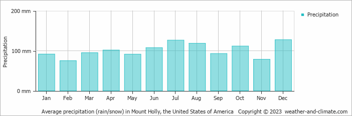 Average monthly rainfall, snow, precipitation in Mount Holly, the United States of America