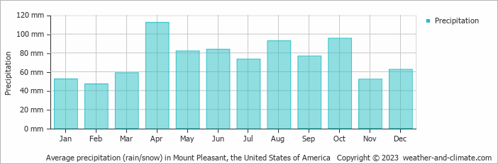 Average monthly rainfall, snow, precipitation in Mount Pleasant, the United States of America