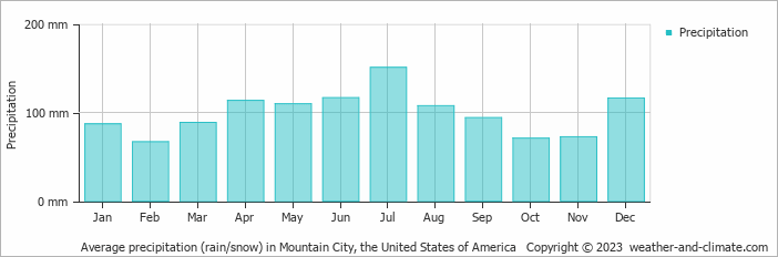 Average monthly rainfall, snow, precipitation in Mountain City, the United States of America