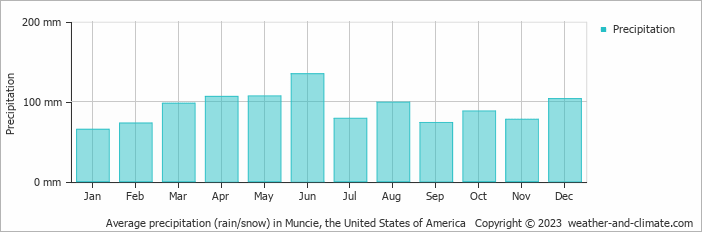 Average monthly rainfall, snow, precipitation in Muncie, the United States of America