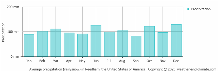 Average monthly rainfall, snow, precipitation in Needham, the United States of America