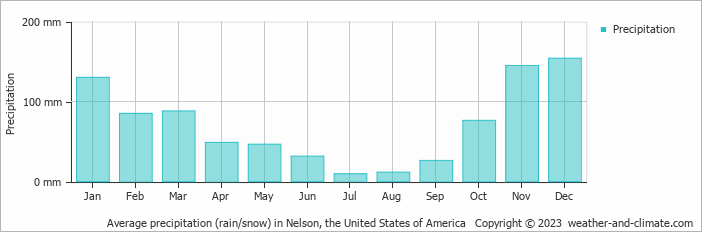 Average monthly rainfall, snow, precipitation in Nelson, the United States of America