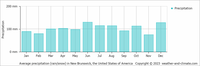 Average monthly rainfall, snow, precipitation in New Brunswick, the United States of America