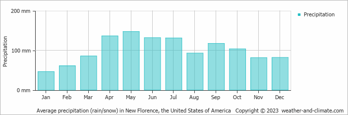 Average monthly rainfall, snow, precipitation in New Florence, the United States of America