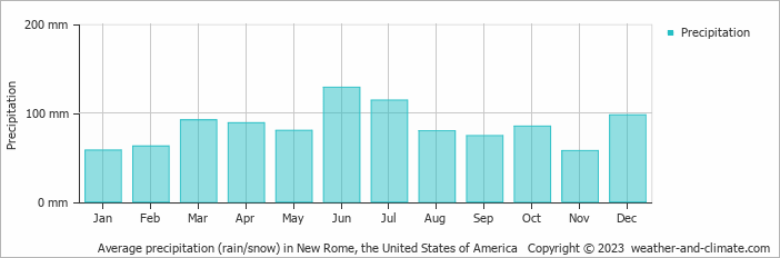 Average monthly rainfall, snow, precipitation in New Rome, the United States of America