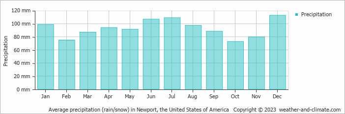 Average monthly rainfall, snow, precipitation in Newport (TN), 