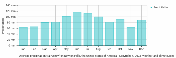 Average monthly rainfall, snow, precipitation in Newton Falls, the United States of America