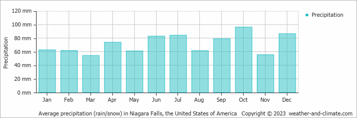 Average monthly rainfall, snow, precipitation in Niagara Falls, the United States of America
