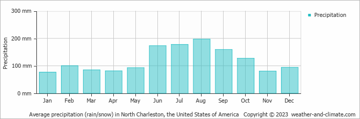 Average monthly rainfall, snow, precipitation in North Charleston, the United States of America