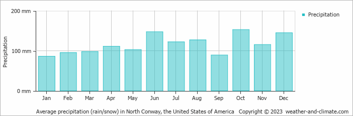 Average monthly rainfall, snow, precipitation in North Conway, the United States of America