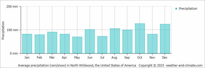 Average monthly rainfall, snow, precipitation in North Wildwood, the United States of America