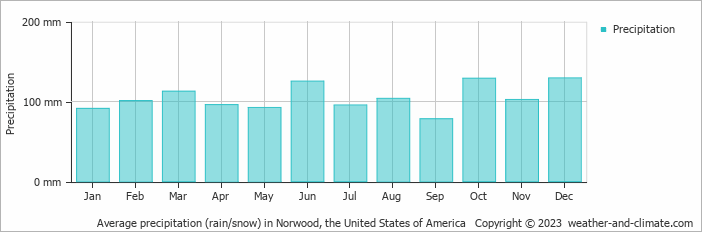 Average monthly rainfall, snow, precipitation in Norwood, the United States of America
