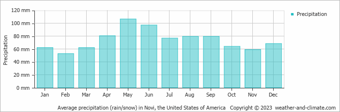 Average monthly rainfall, snow, precipitation in Novi, the United States of America