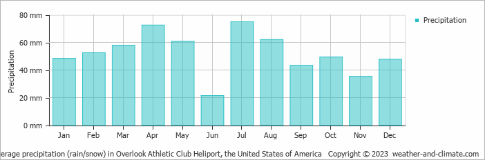 Average monthly rainfall, snow, precipitation in Overlook Athletic Club Heliport, the United States of America