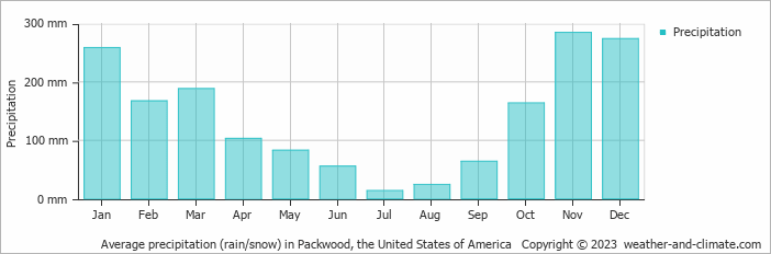 Average monthly rainfall, snow, precipitation in Packwood, the United States of America