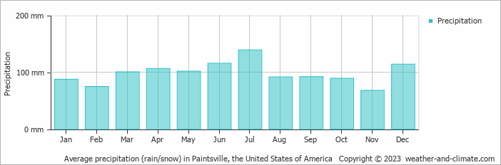Average monthly rainfall, snow, precipitation in Paintsville, the United States of America