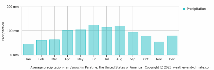 Average monthly rainfall, snow, precipitation in Palatine, the United States of America