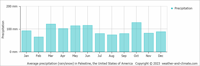 Average monthly rainfall, snow, precipitation in Palestine, the United States of America