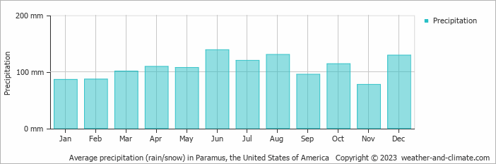 Average monthly rainfall, snow, precipitation in Paramus, the United States of America