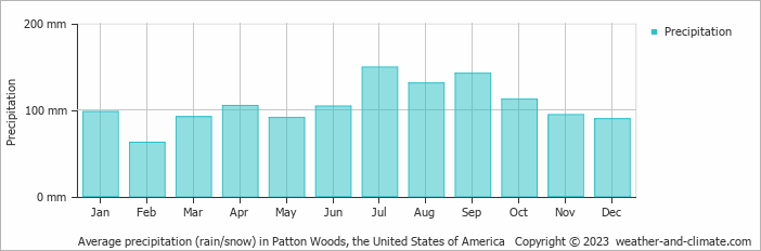 Average monthly rainfall, snow, precipitation in Patton Woods, the United States of America