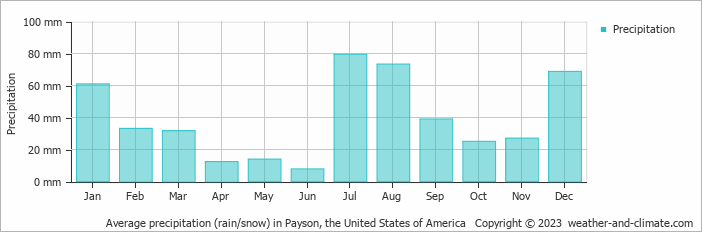 Average monthly rainfall, snow, precipitation in Payson, the United States of America