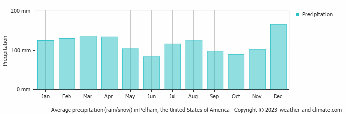 Average monthly rainfall, snow, precipitation in Pelham, the United States of America