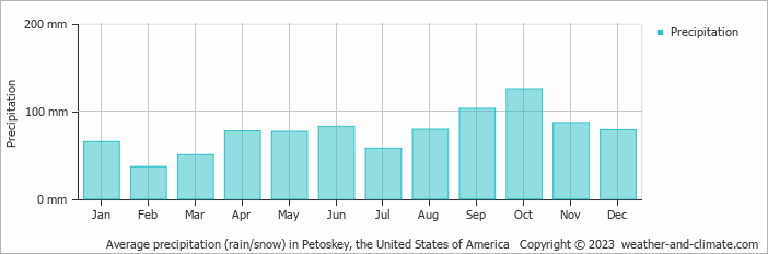 Average monthly rainfall, snow, precipitation in Petoskey, the United States of America