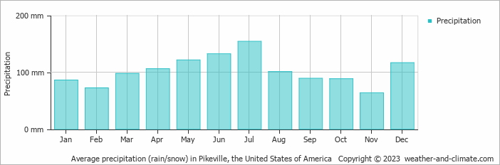 Average monthly rainfall, snow, precipitation in Pikeville, the United States of America