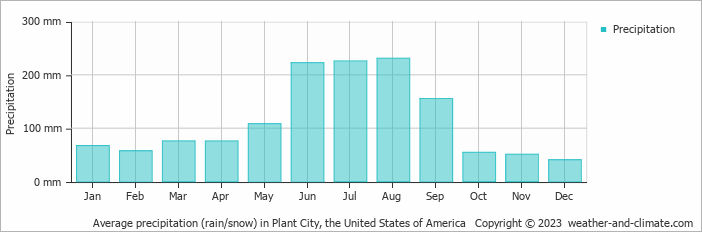 Average monthly rainfall, snow, precipitation in Plant City, the United States of America