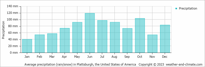 Average monthly rainfall, snow, precipitation in Plattsburgh, the United States of America