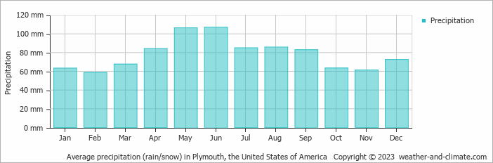 Average monthly rainfall, snow, precipitation in Plymouth, the United States of America