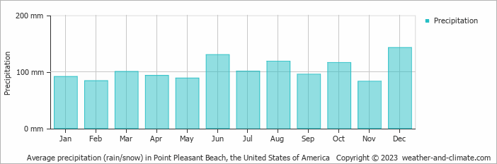 Average monthly rainfall, snow, precipitation in Point Pleasant Beach, the United States of America