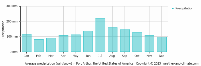Average monthly rainfall, snow, precipitation in Port Arthur, the United States of America