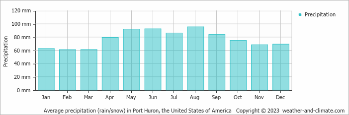 Average monthly rainfall, snow, precipitation in Port Huron, the United States of America