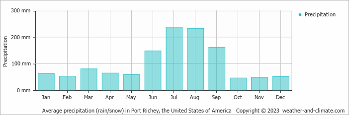 Average monthly rainfall, snow, precipitation in Port Richey, the United States of America