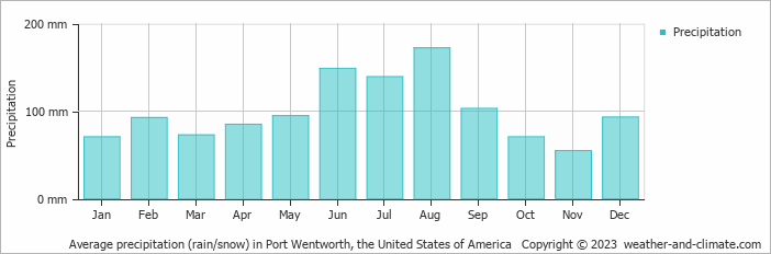 Average monthly rainfall, snow, precipitation in Port Wentworth, the United States of America
