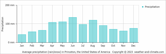 Average monthly rainfall, snow, precipitation in Princeton, the United States of America