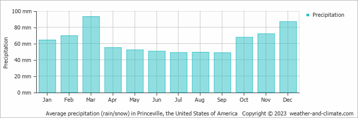 Average monthly rainfall, snow, precipitation in Princeville, the United States of America
