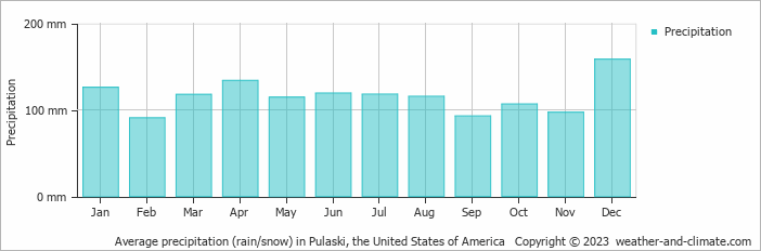 Average monthly rainfall, snow, precipitation in Pulaski, the United States of America